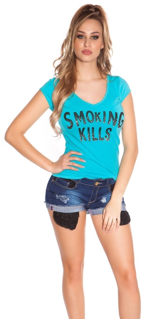 T-Shirt Smoking Kills with skull Turquoise